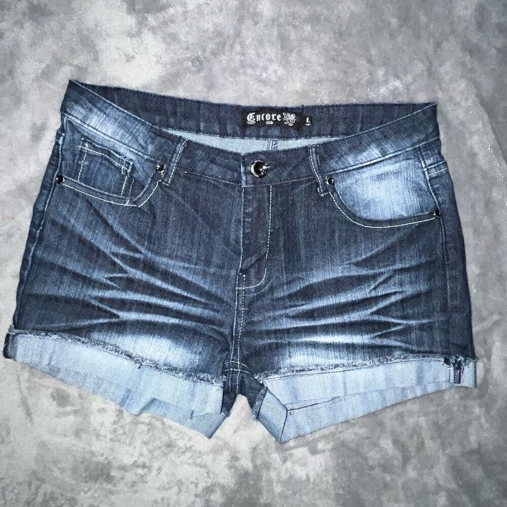 Encore Womens Shorts Large Dark Blue Denim‎ Whisker Faded Folded Hem Cotton